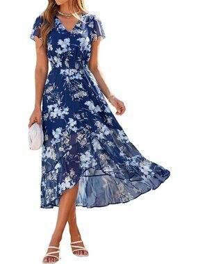 Women's Blue Short Sleeve V Neck High Low Boho Floral Imported Maxi Dress
